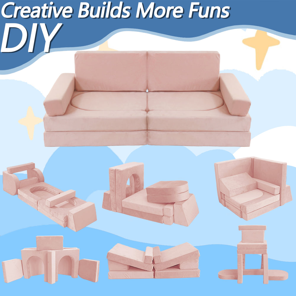 English Elm 12 Piece Modular Foam Play Couch Set Velvet Convertible Sofa Fort for Kids Playroom Pink T5880P493409