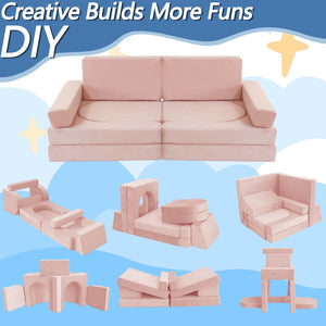 English Elm 12 Piece Modular Foam Play Couch Set Velvet Convertible Sofa Fort for Kids Playroom Pink T5880P493409
