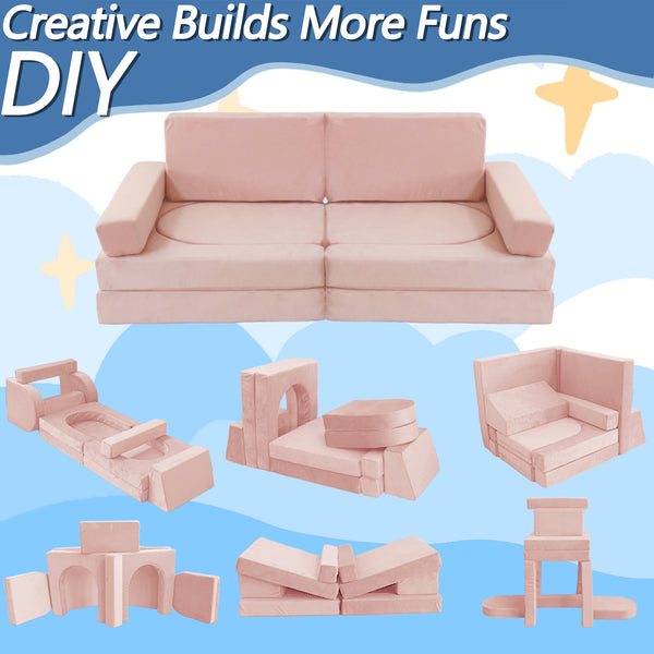 English Elm 12 Piece Modular Foam Play Couch Set Velvet Convertible Sofa Fort for Kids Playroom Pink T5880P493409