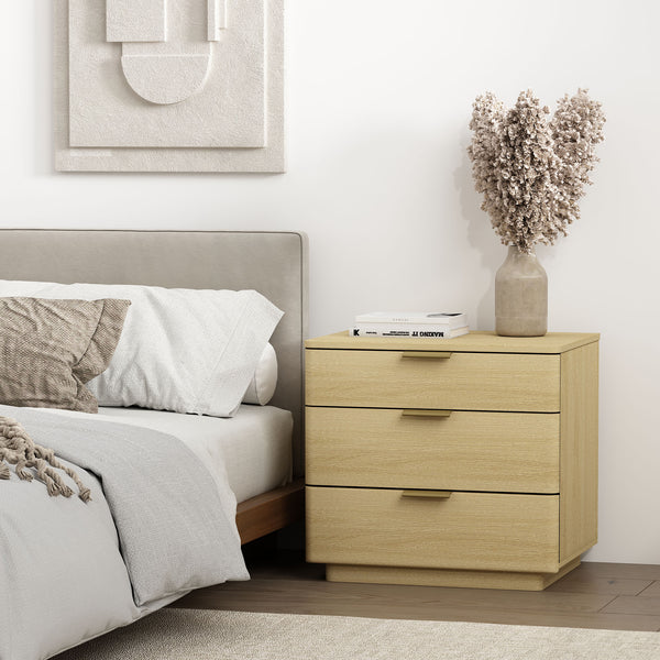 English Elm Payton 26" Nightstand Natural Oak with 3 Drawers, Rounded Corners, Metal Glam Handles, Pedestal Base B365P398195