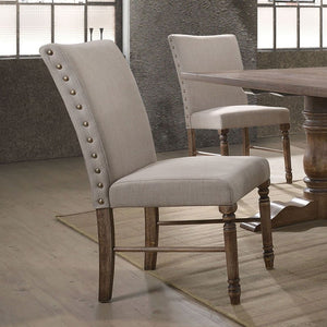 English Elm Antique Oak Upholstered Side Chair Set Beige Fabric Nailhead Trim Transitional Dining B011P423340