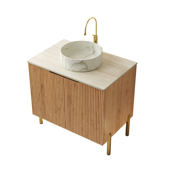 English Elm 30" Freestanding Bathroom Vanity Sintered Stone Travertine Top Woodgrain Cabinet Two Doors W2615P322856