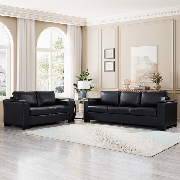 English Elm Two Two-Piece 5-Seater Sofa Set with Cup Holder & Storage, Polyester Upholstery, Solid Wood Frame, Coil Spring Seats, Removable Covers, Modern Square Arm Design for Living Room Comfort and Durability Black W1097S00203
