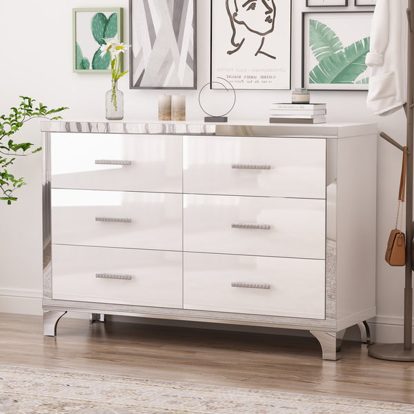 English Elm Elegant High Gloss Dresser with Metal Handles and Mirrored Panels, 6-Drawer Space-Saving Storage Solution White 55.71 L x 19.29 W x 10.63 H N733P205355K