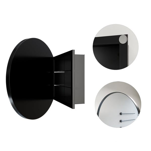 English Elm 23.6 Inch Round Matte Metal Medicine Cabinet with Mirrored Door and Adjustable Shelves Black W1435P312263