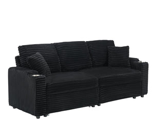 English Elm 80-inch Corduroy Folding Sofa Bed with Hidden Recline, Cup Holder & Pillows, Solid Wood Frame, 500lb Black W3356S00007