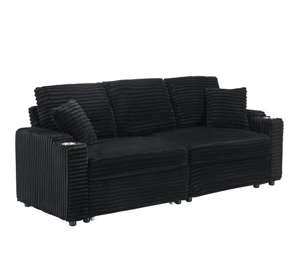 English Elm 80-inch Corduroy Folding Sofa Bed with Hidden Recline, Cup Holder & Pillows, Solid Wood Frame, 500lb Black W3356S00007