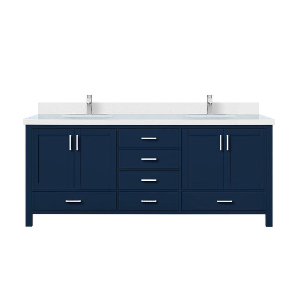 English Elm Navy Double Bath Vanity 80" W x 22" D with White Quartz Top, 2 Cabinets, 6 Drawers, Chrome Faucet B2731P259140