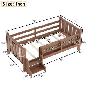 English Elm Twin Pine Floor Bed for Kids with Side Bookcases Built-in Stairs and Safety Guardrails Natural W1580P390215
