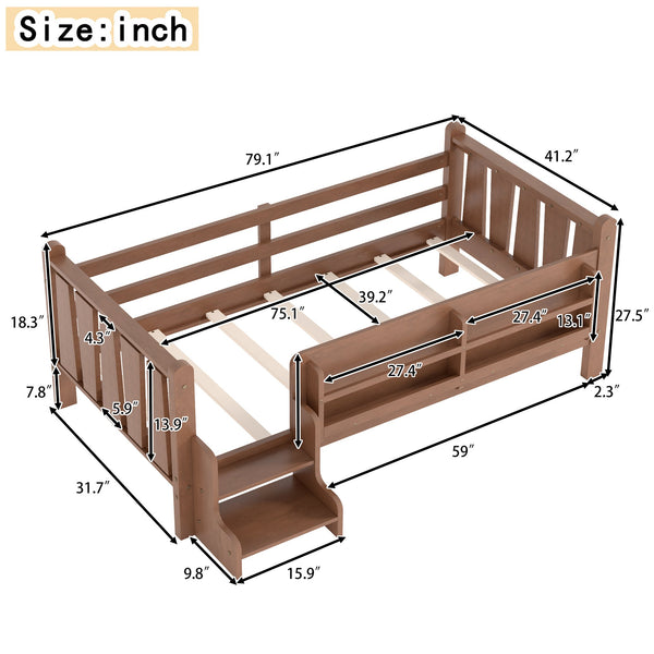 English Elm Twin Pine Floor Bed for Kids with Side Bookcases Built-in Stairs and Safety Guardrails Natural W1580P390215