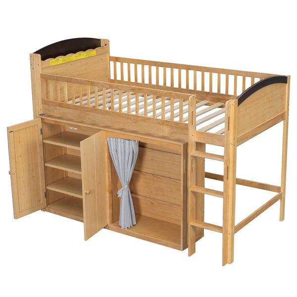 English Elm Twin Loft Bed with Wardrobe Cabinet Led Lighting and Pine Frame for Kids Rooms Wood N7090002235M