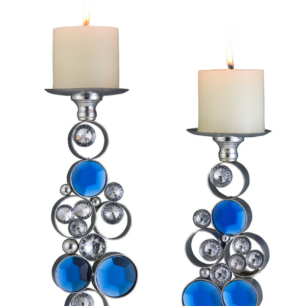English Elm 14" Polyresin Bejeweled Candleholder Set Turquoise Gem Accents Glam Silver Decor B072116544