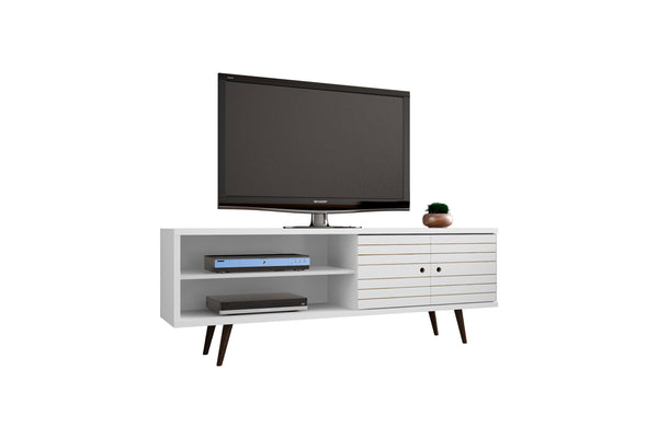 English Elm Liberty 63" Modern White Tv Stand With Mid-Century Legs, Storage Shelves & Easy Assembly Option B365P398389