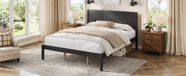 English Elm Platform King Bed Solid Pine Panel Headboard Wood Slat Base Modern Bedroom Frame Espresso N709P425341P