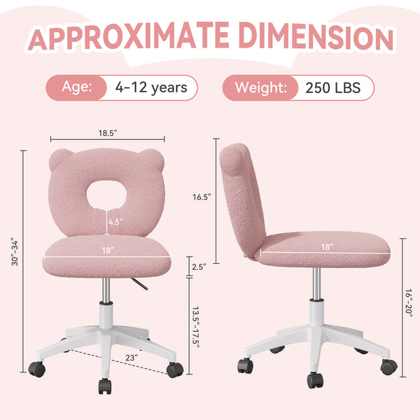 English Elm Bear Teddy Kids Desk Chair Adjustable 16"-20" Swivel Wheels Soft Teddy Fabric Study Seat Pink T3950P396238