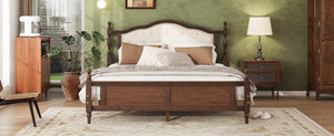 English Elm Queen Pine Upholstered Headboard Bed in Walnut — Modern Minimalist Queen Platform with Dual Support Feet, Space-Saving Design W504P268435