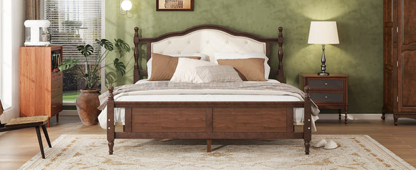 English Elm Queen Pine Upholstered Headboard Bed in Walnut — Modern Minimalist Queen Platform with Dual Support Feet, Space-Saving Design W504P268435