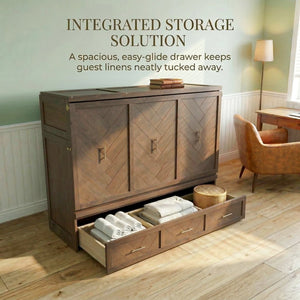English Elm Queen Cabinet Murphy Bed Pine Wood Frame Geometric Panel Usb Charging Guest Room W504S00306