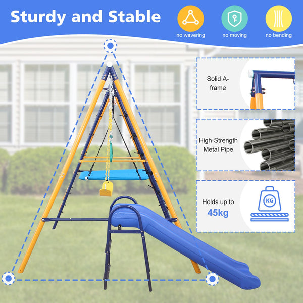 English Elm 500 Lb Outdoor Kids Swing Set with Slide Climbing Net Rings and Basketball Hoop W1408S00001