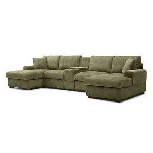 English Elm U Shaped Oversized Sectional Sofa with Double Chaise Console Cup Holders and Usb Port Green W1117S00266