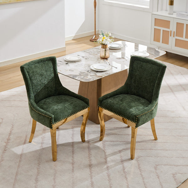 English Elm Chenille Plush Dining Chair with Curved Gold-Plated Legs, Rivet Trim, Textured Upholstery Comfort Olive Green W1143P332688