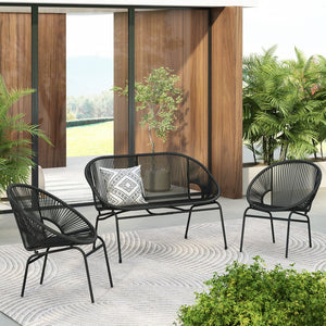 English Elm Christopher Knight Home® - NUSA Faux Wicker 3-Piece Outdoor Patio Chat Set with Rustproof Iron Frame, Curved Club Chairs & Loveseat Black NUSA3PCSETBLK