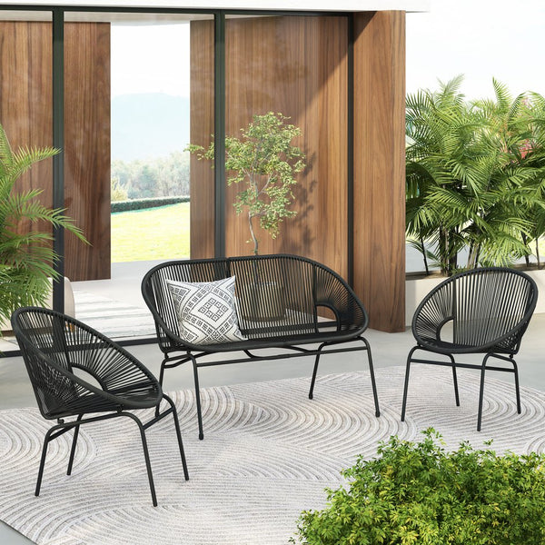 English Elm Christopher Knight Home® - NUSA Faux Wicker 3-Piece Outdoor Patio Chat Set with Rustproof Iron Frame, Curved Club Chairs & Loveseat Black NUSA3PCSETBLK