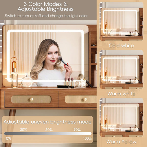 English Elm 47''Vintage Elegant Makeup Vanity with Lights and Mirror, 5-Drawer Rattan Design, Solid Wood Craftsmanship Walnut 46 L x 27 W x 8 H N733P337468M