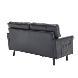 English Elm Loveseat Mid Century Modern Two-Seater Sofa with USB Type-C Charging, Removable Zipper Covers, Durable Wood Legs Black PU W395P238820