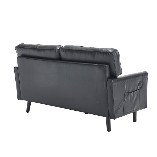 English Elm Loveseat Modern Mid-Century 2-Seater with USB Type-C Charging, Removable Zippered Covers, Sturdy Wood Legs Black PU W395P238820
