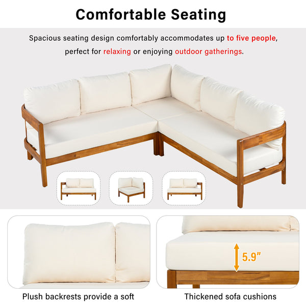English Elm U_style Acacia Wood Outdoor L Shaped Corner Sofa Set with Arc Frame and Cushions White WY000481AAA