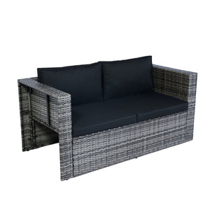 English Elm 6 Piece Patio Wicker Sectional Set with Space-Saving Nesting Design, Steel Frame, Tempered Glass Table and Weatherproof Cushions Grey+Black W329S00054