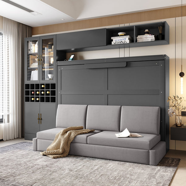 English Elm Full Size Murphy Wall Bed with Linen Sofa Shelving Usb Charging and Built-in Light LP000763AAE