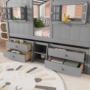 English Elm Full Size House Loft Bed With Roof & Windows, 4 Storage Drawers, Safe Pine Frame In Grey Finish W504S00241