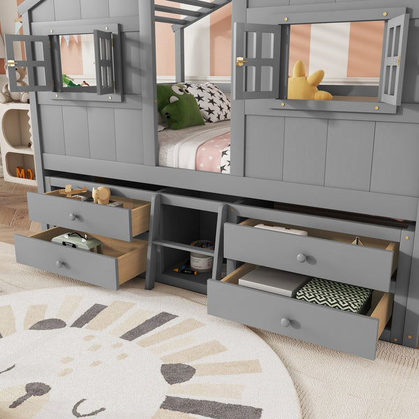 English Elm Full Size House Loft Bed With Roof & Windows, 4 Storage Drawers, Safe Pine Frame In Grey Finish W504S00241