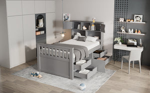 English Elm Twin Captain Platform Bed with Bookcase Headboard Four Drawers Pine Mdf Frame Gray GX001828AAE-1