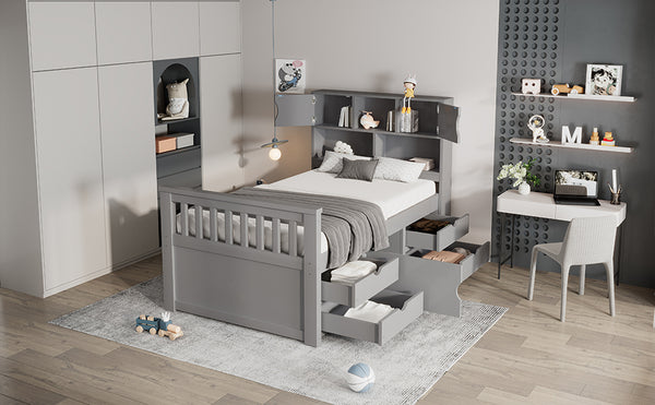 English Elm Twin Captain Platform Bed with Bookcase Headboard Four Drawers Pine Mdf Frame Gray GX001828AAE-1