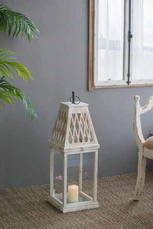 English Elm Set of 2 French Country Fir Wood Lanterns with Carved Lattice Tops Weathered White Finish W2078P495672