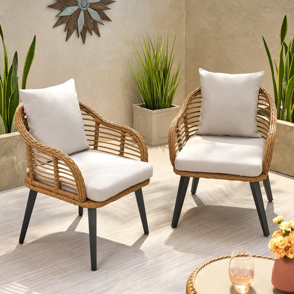 English Elm Christopher Knight Home® - Mcbrayer Wicker Patio Chair Set of 2 with Water-Resistant Cushions, Aluminum Frame, Beige-Brown Comfort 65042.00LBRN