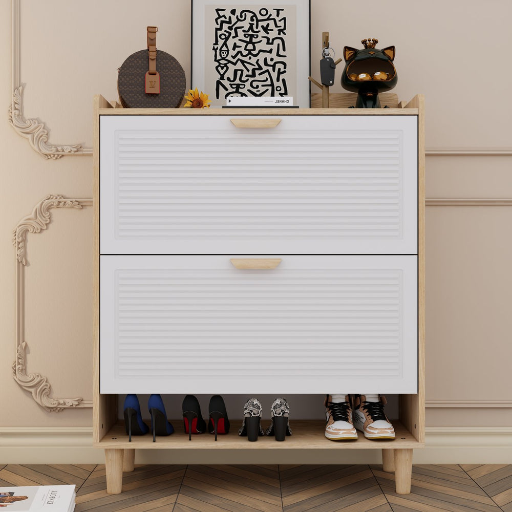 English Elm Shoes Storage Cabinet Slim Flip Door Entryway Organizer with Natural Wood Legs 16 Pairs W3166P268391