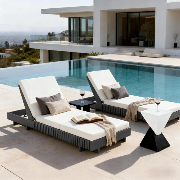 English Elm Modern Acacia Wood Outdoor Chaise Lounge Slatted Reclining Poolside Sun Chair Cream,Dark Grey N770P281696G_N770P208317C