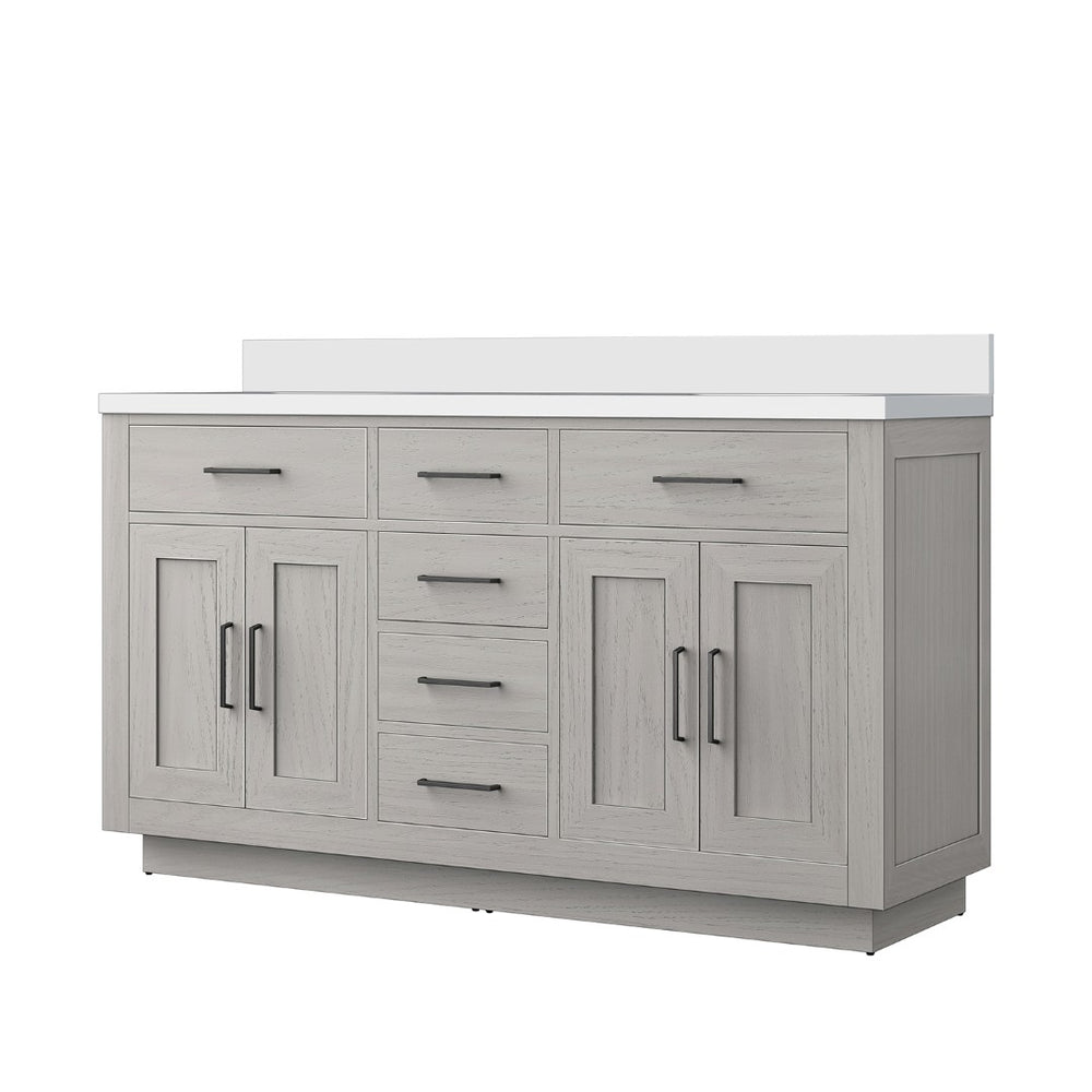 English Elm White Oak Double Bath Vanity 60" W With Stunning White Quartz Top - Durable, Stylish & Easy Install B2731P257758-GIGA