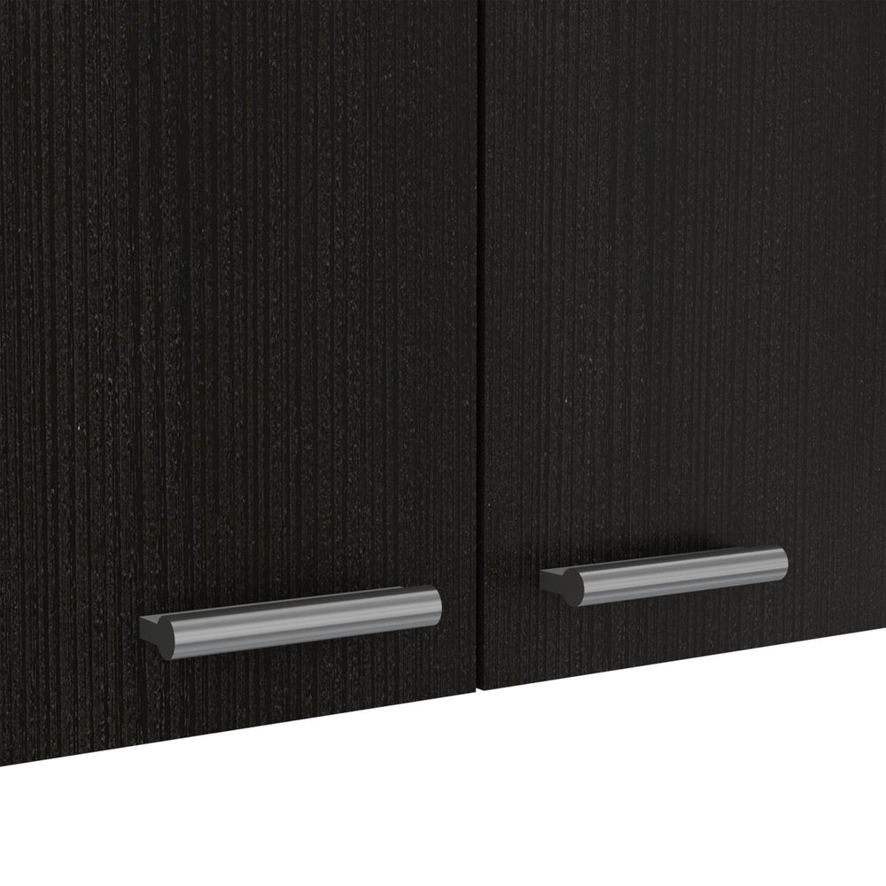 English Elm Wall Mounted Kitchen Cabinet Four Door Black Finish with Open Shelves and Dish Organizer B097133121