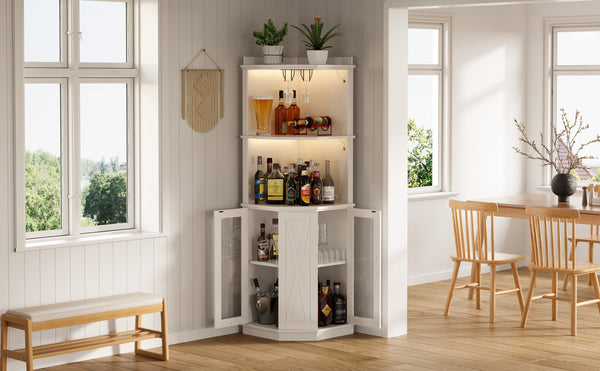 English Elm 67.3" Farmhouse Corner Bar Cabinet Led Lit Wine Storage with Built-in Power Outlets N735P361423K