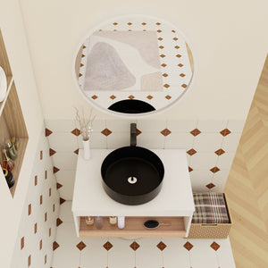 English Elm 30" Floating Wall Mount Bathroom Vanity Open Shelf Ceramic Vessel Sink Modern White Black,White + Light Oak W3450S00057