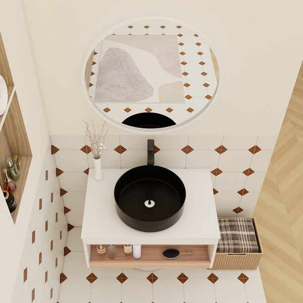 English Elm 30" Floating Wall Mount Bathroom Vanity Open Shelf Ceramic Vessel Sink Modern White Black,White + Light Oak W3450S00057
