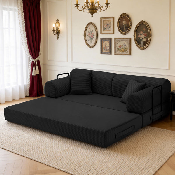 English Elm Convertible Corduroy Floor Sofa Folds Flat as Sleeper Daybed for Studio Living Black W5532P438769