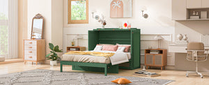 English Elm Full Size Murphy Wall Bed Cabinet with Rattan Panel Detailing and Storage Drawers Green N708P336203F