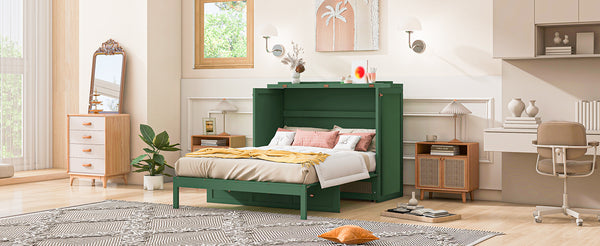 English Elm Full Size Murphy Wall Bed Cabinet with Rattan Panel Detailing and Storage Drawers Green N708P336203F