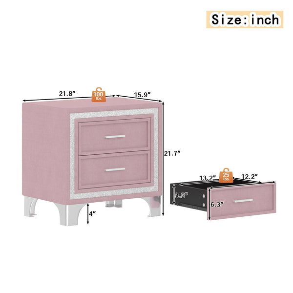 English Elm Mid Century Nightstand Velvet 2-Drawer Bedside Table with Metal Legs, Retro Space-Saving Storage and Durable Finish Pink 23.5 L x 19 W x 17 H N733P183659H